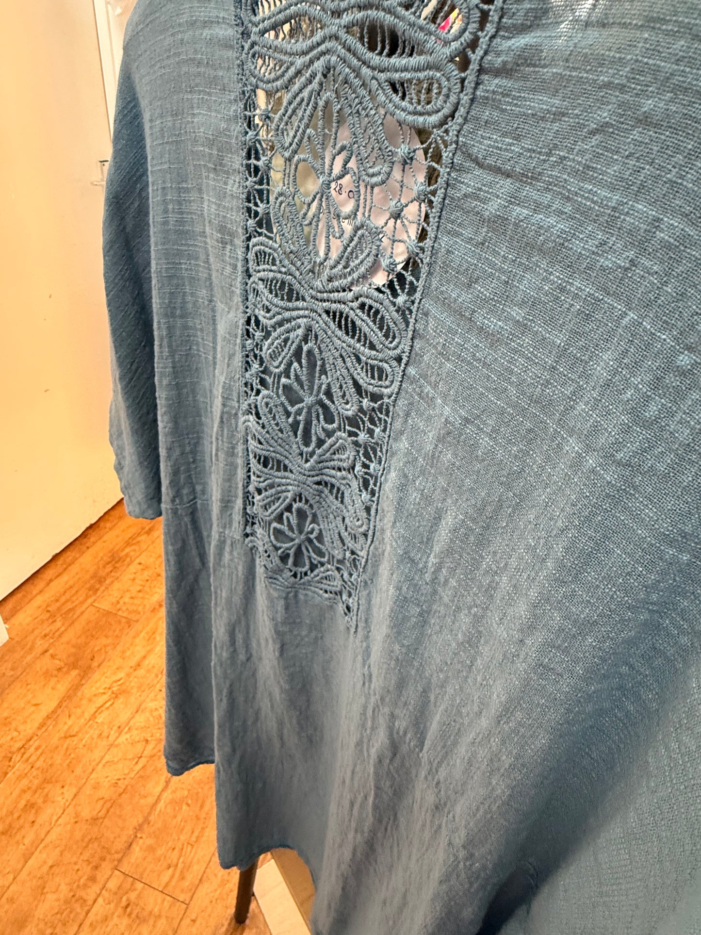 Linen top with crochet detail. One size fits 12-22