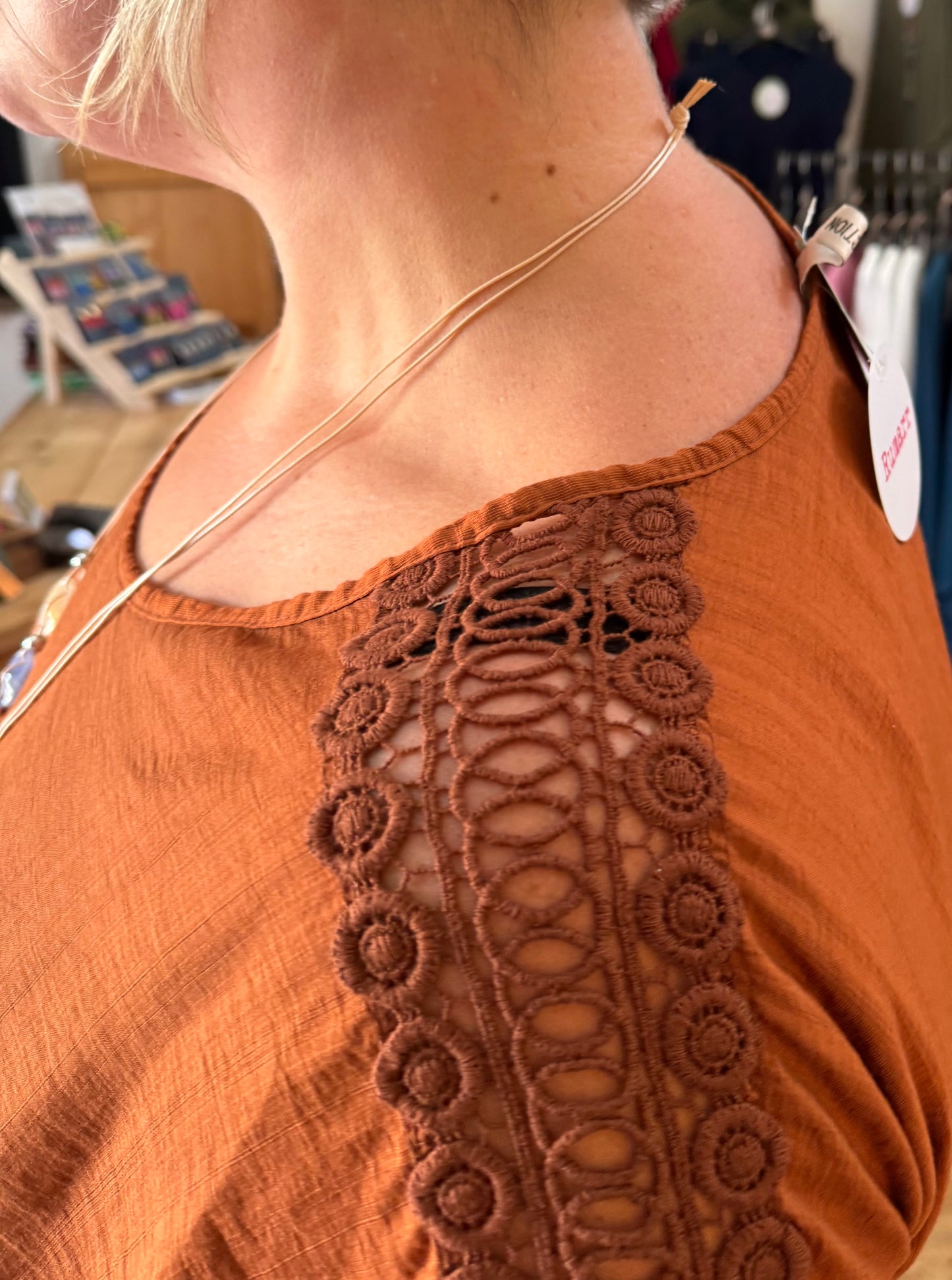 Crochet detail top with necklace- one size fits 10-18