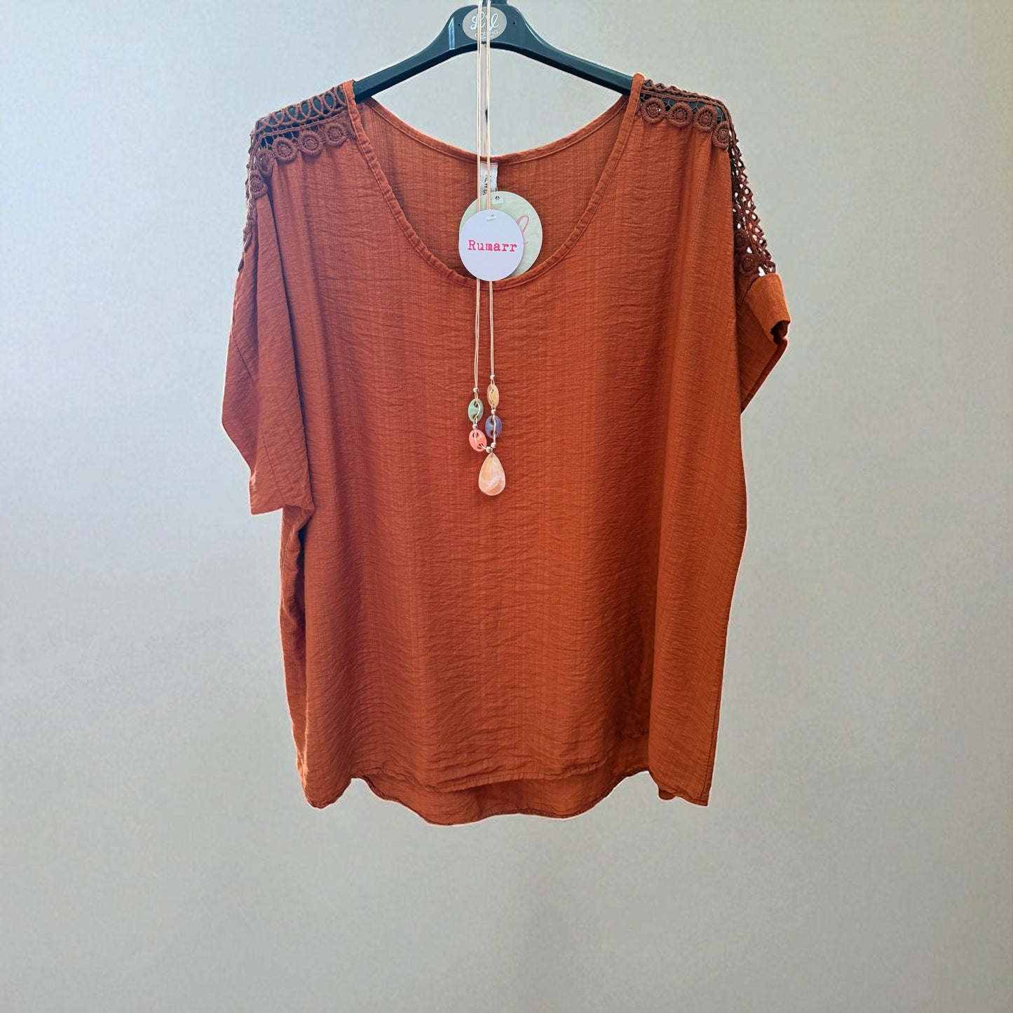 Crochet detail top with necklace- one size fits 10-18