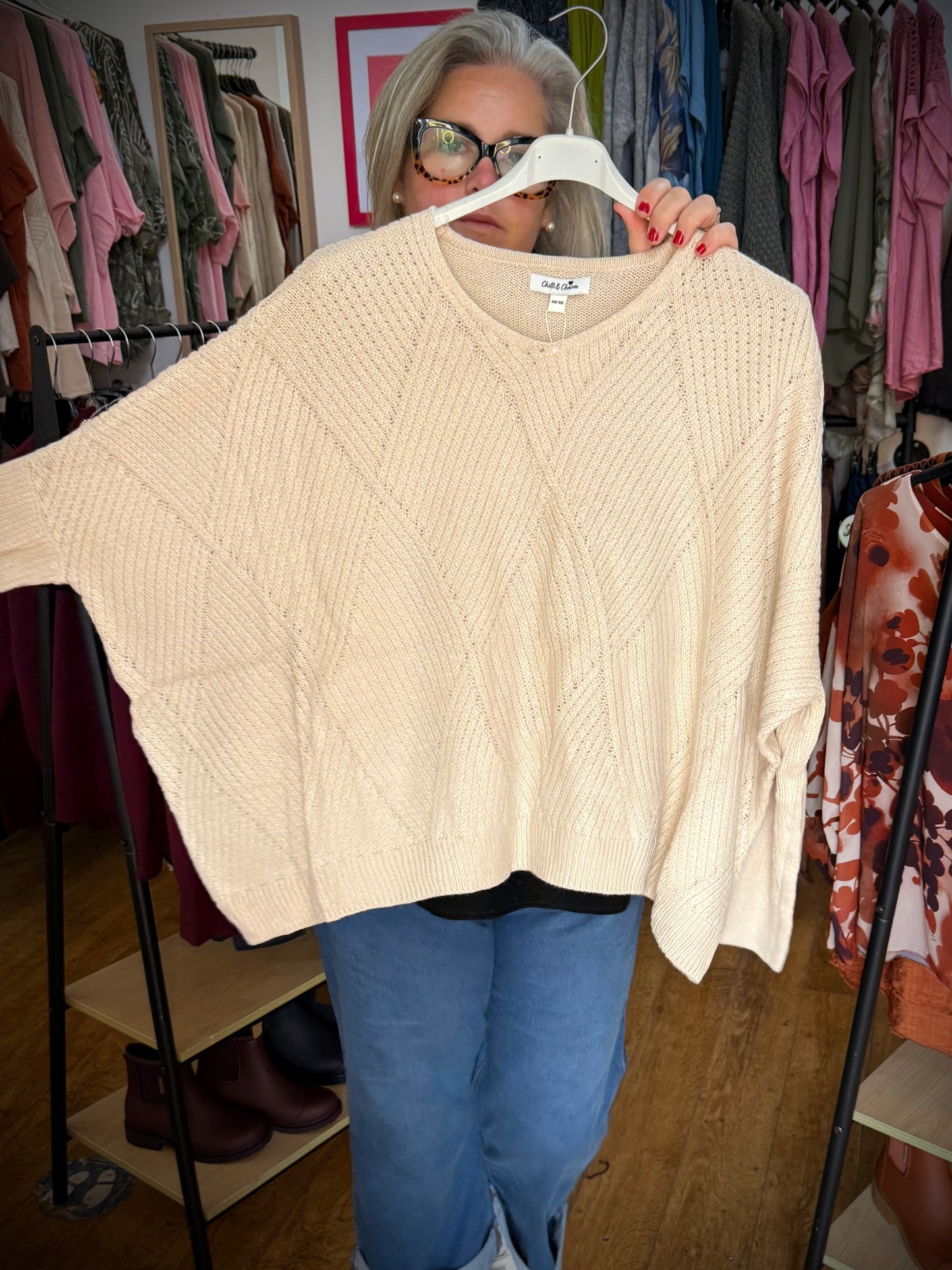 Diamond pattern cream jumper