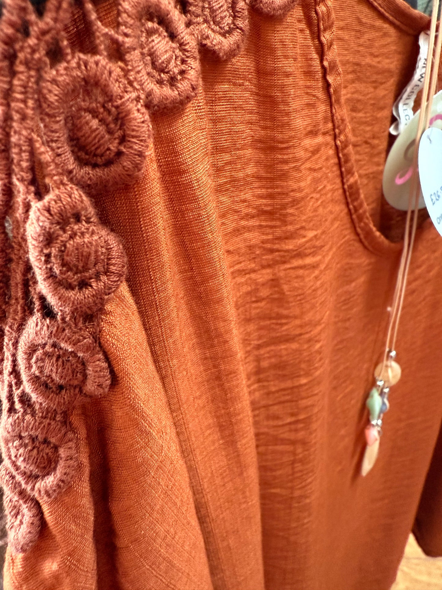 Crochet detail top with necklace- one size fits 10-18