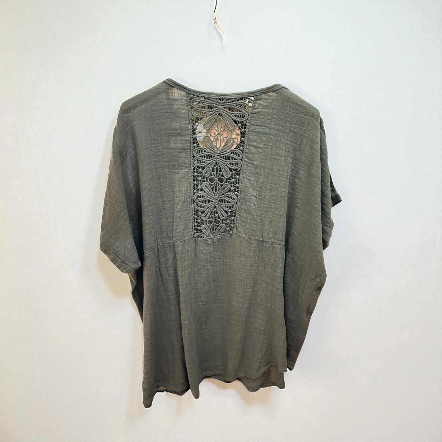 Linen top with crochet detail. One size fits 12-22