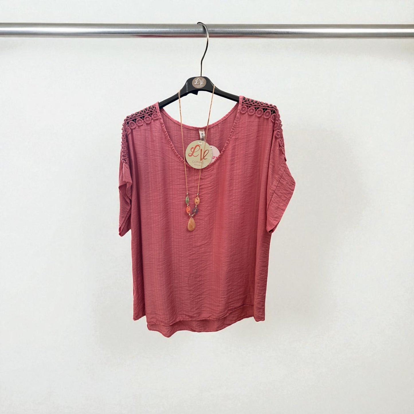 Crochet detail top with necklace- one size fits 10-18