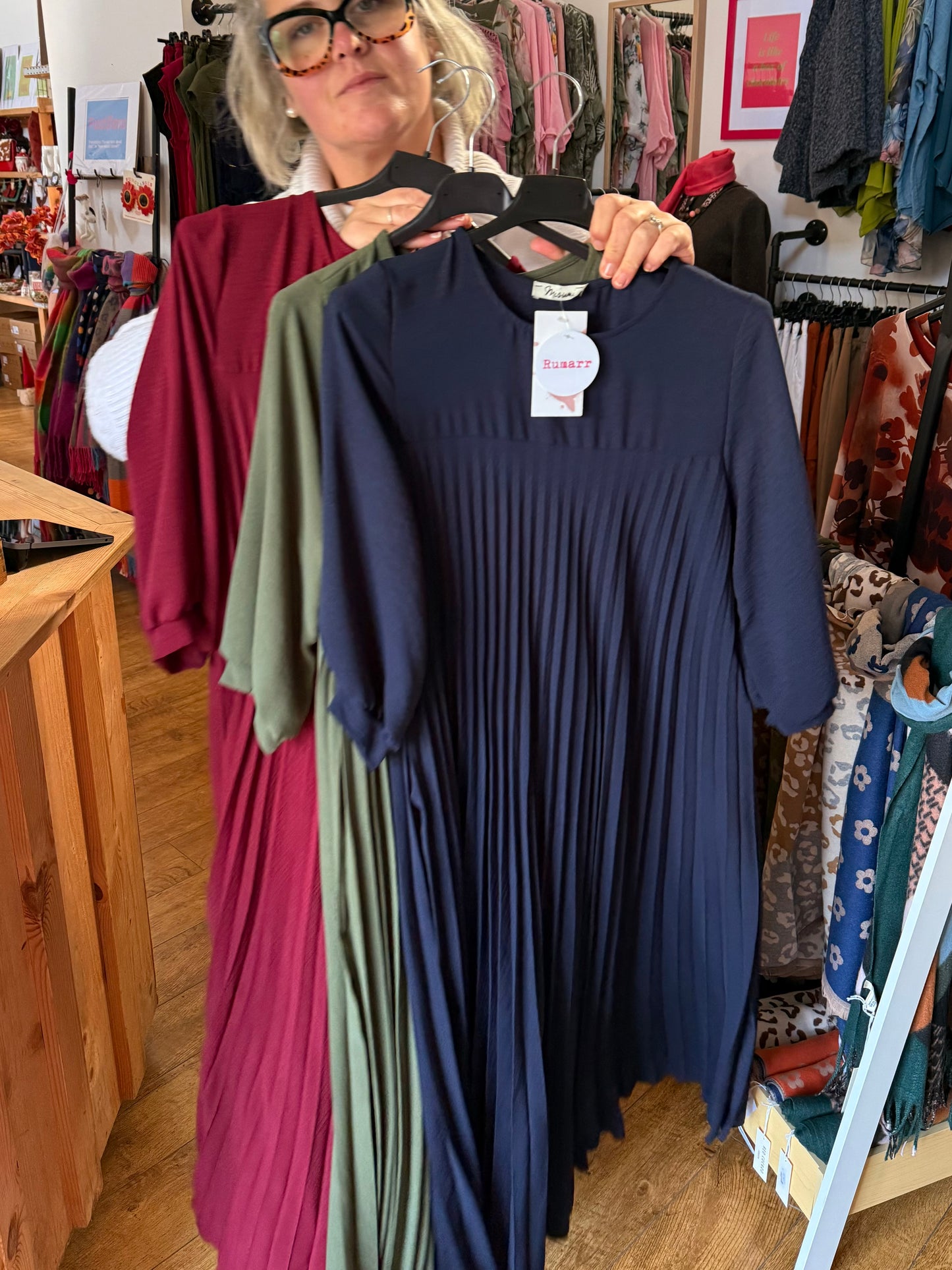 Italian pleated maxi dress with sleeves