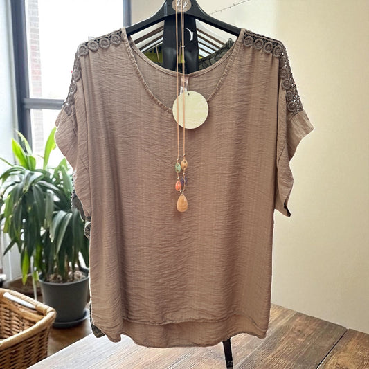 Crochet detail top with necklace- one size fits 10-18