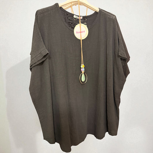 Linen top with crochet detail. One size fits 12-22