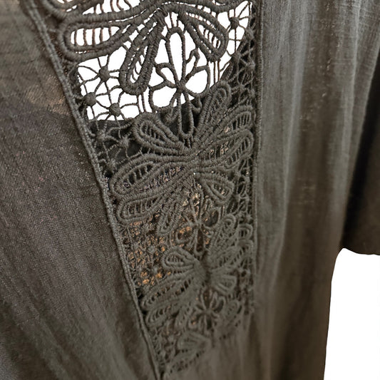 Linen top with crochet detail. One size fits 12-22