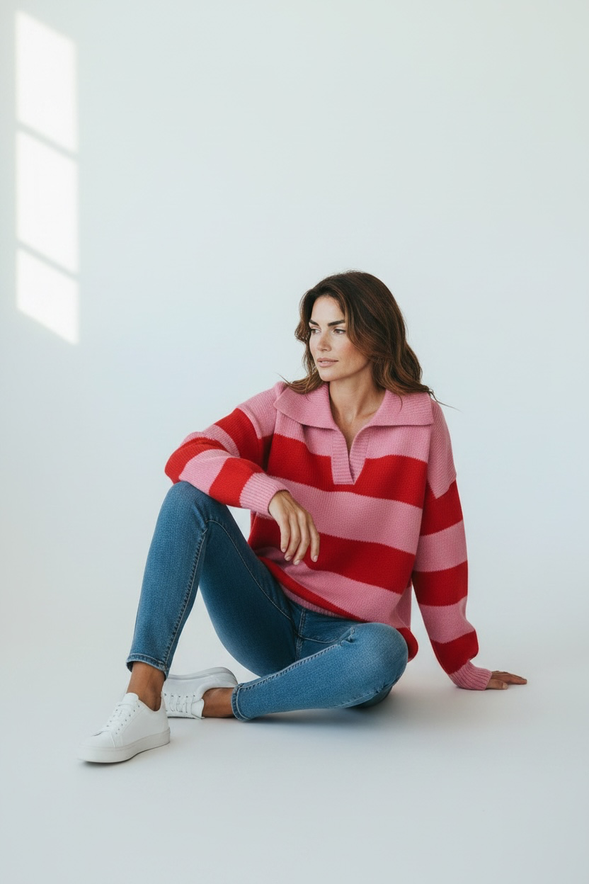 Polo collar striped knit jumper
