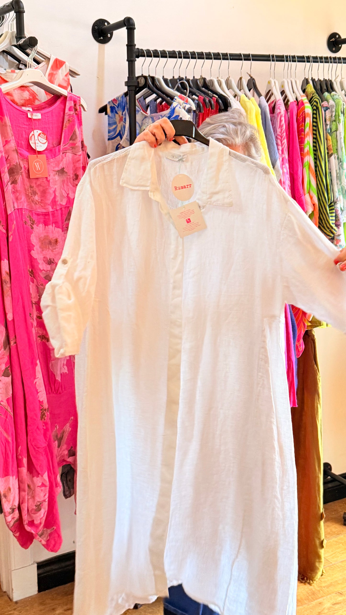 White linen shirt dress (with pockets) one size fits 10 - 22