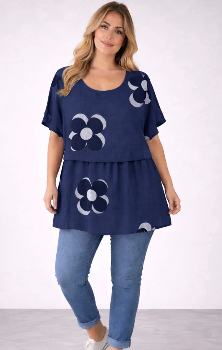 Cotton floral layered tunic top - one size (12-20)