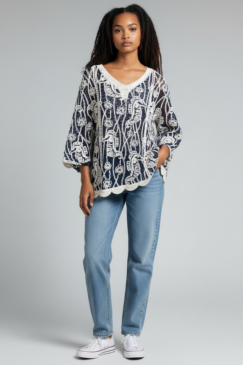 V neck Crochet top - Navy - one size fits 10-20
