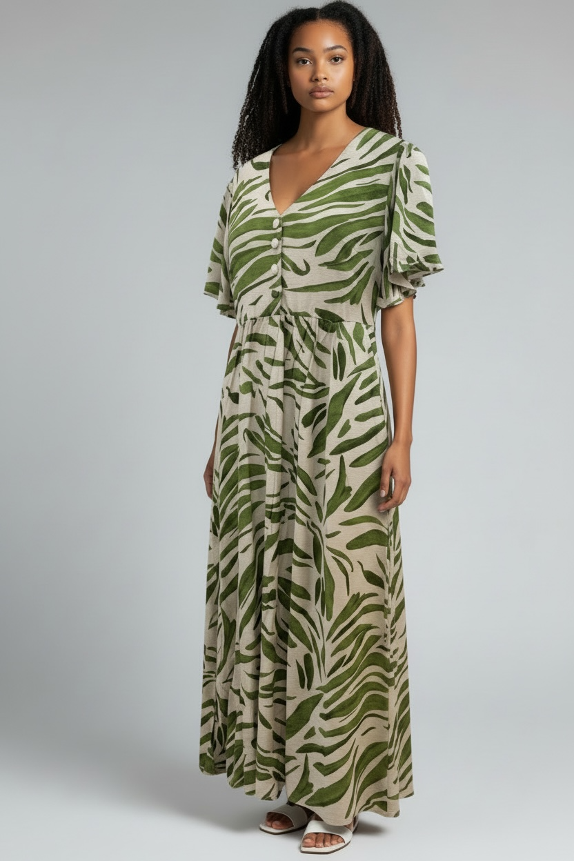 Green leaf print midaxi dress