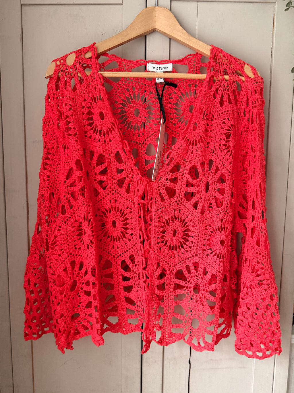 Coral long sleeve crochet cardigan