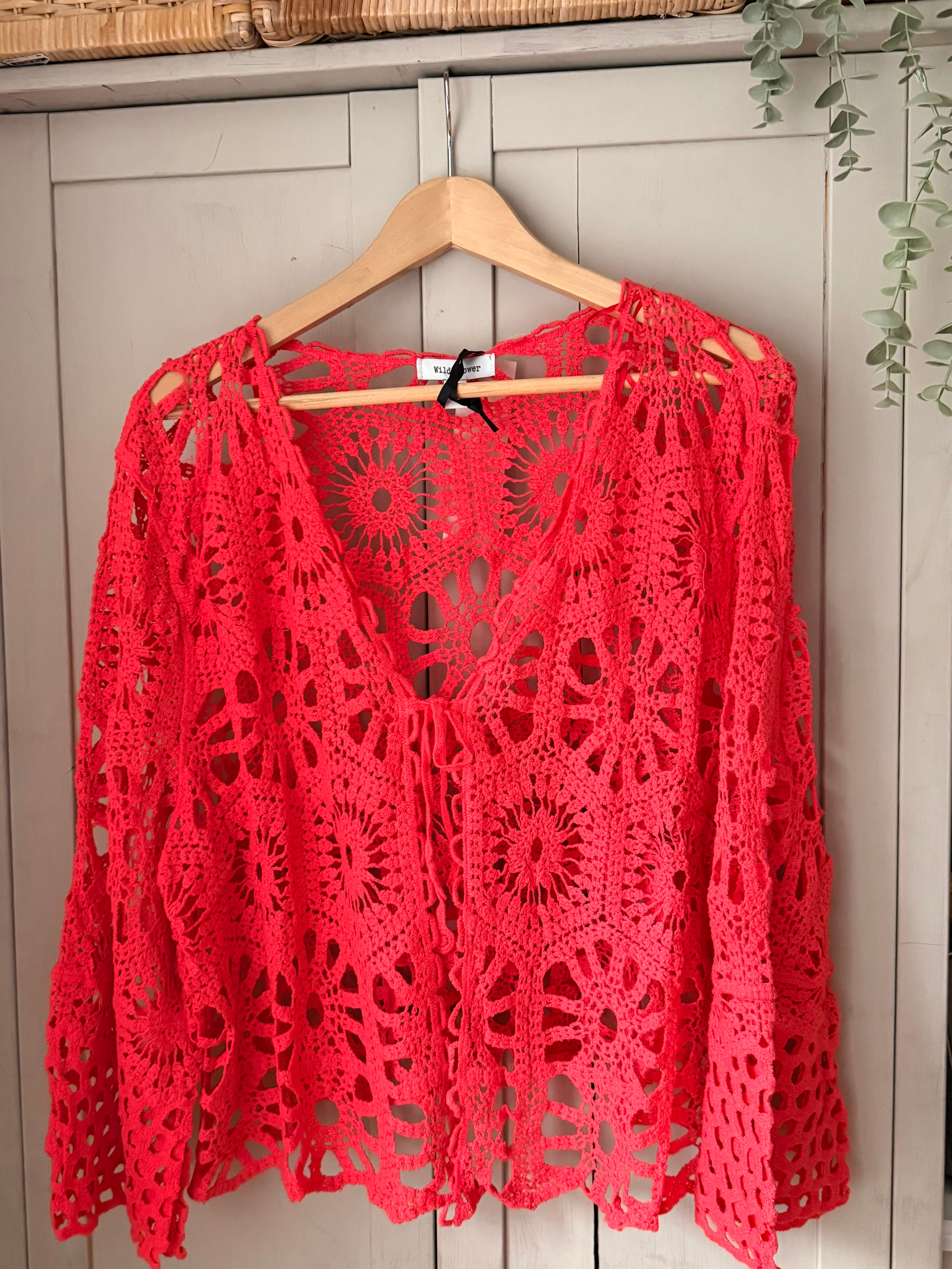 Coral long sleeve crochet cardigan