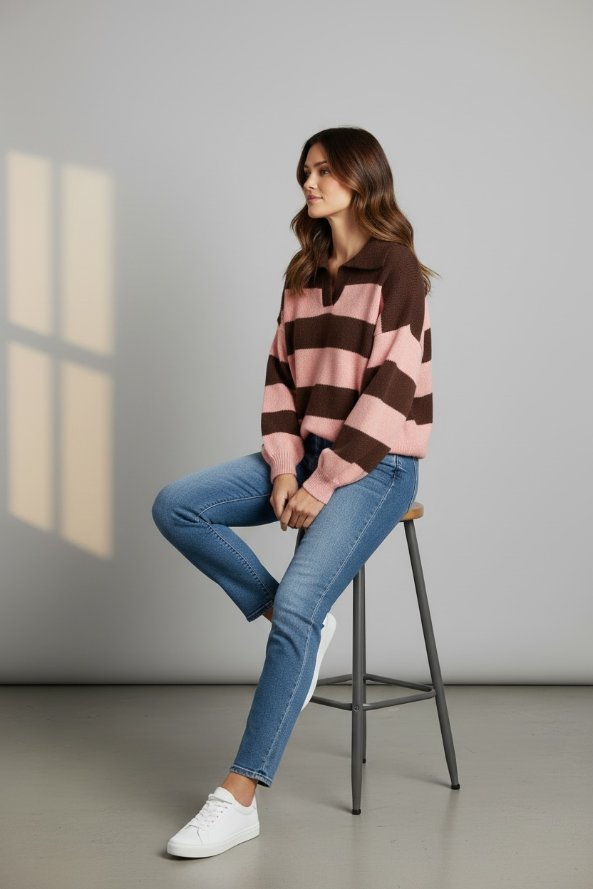 Polo collar striped knit jumper