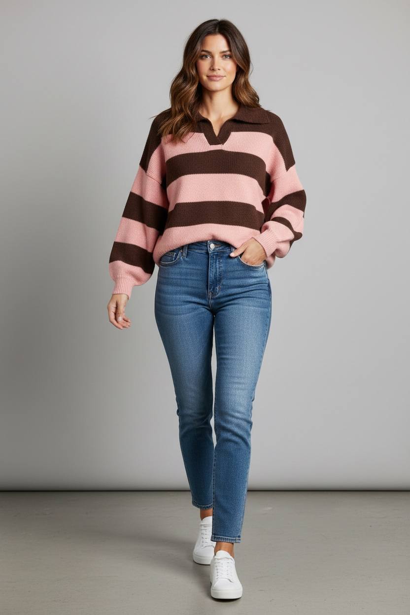 Polo collar striped knit jumper