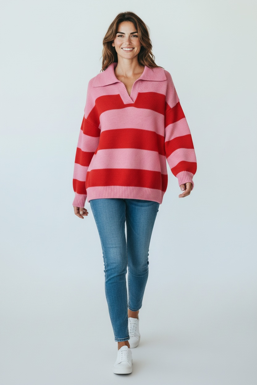 Polo collar striped knit jumper