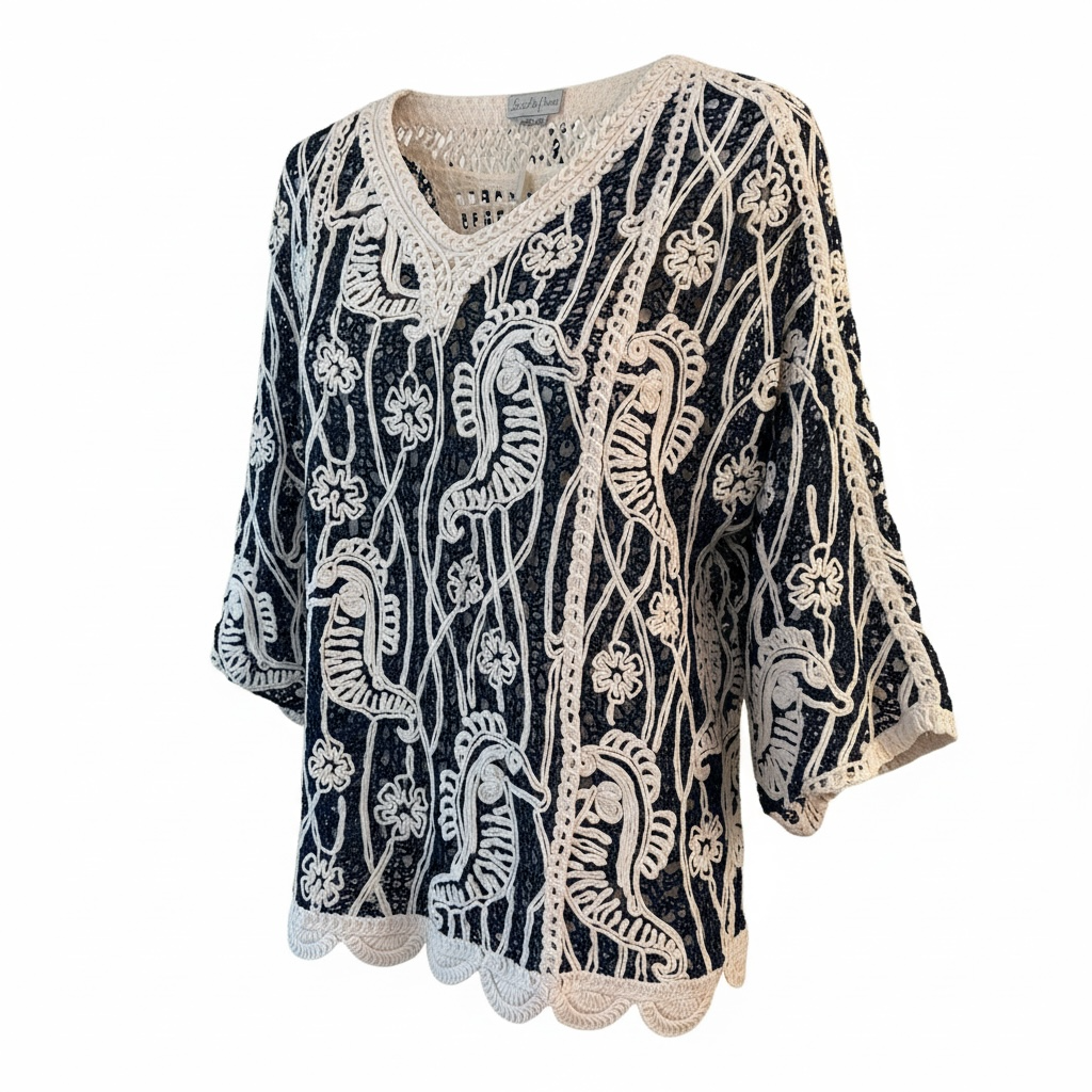 V neck Crochet top - Navy - one size fits 10-20