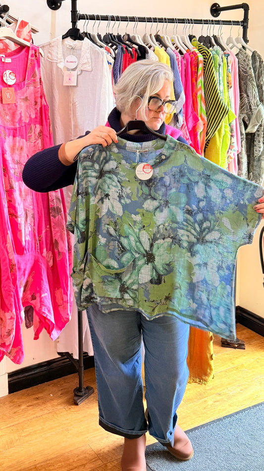 Denim blue/ green linen top