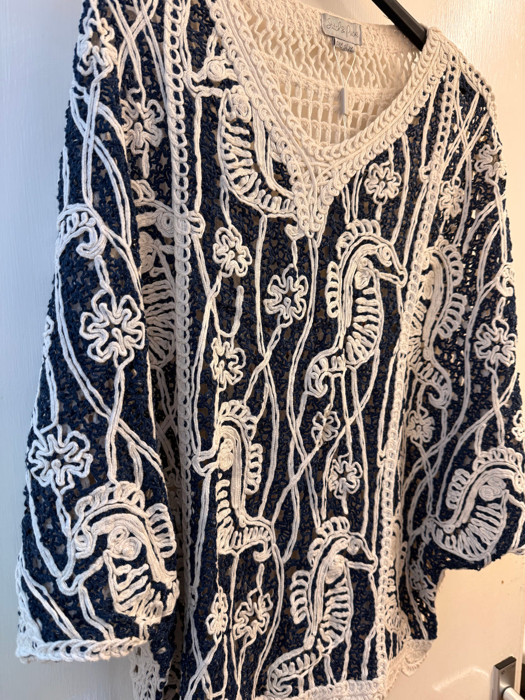 V neck Crochet top - Navy - one size fits 10-20