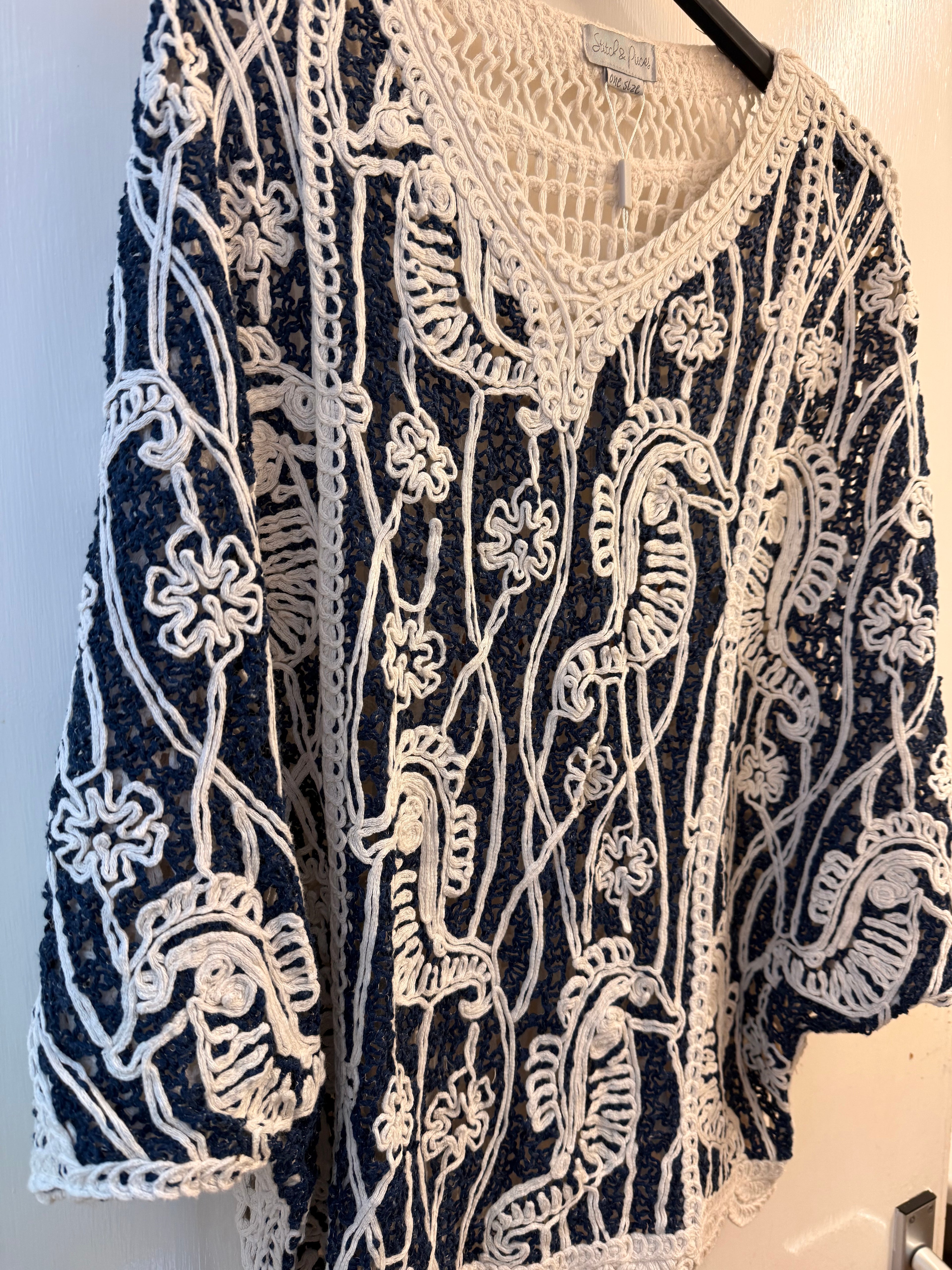 V neck Crochet top - Navy - one size fits 10-20